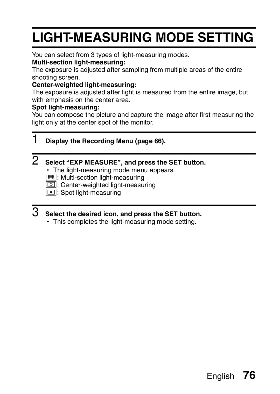 Sanyo VPC-E10EX, VPC-E10GX LIGHT-MEASURING Mode Setting, Multi-section light-measuring, Center-weighted light-measuring 