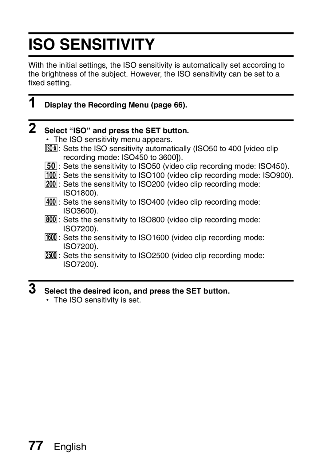 Sanyo VPC-E10EX, VPC-E10GX instruction manual ISO Sensitivity 