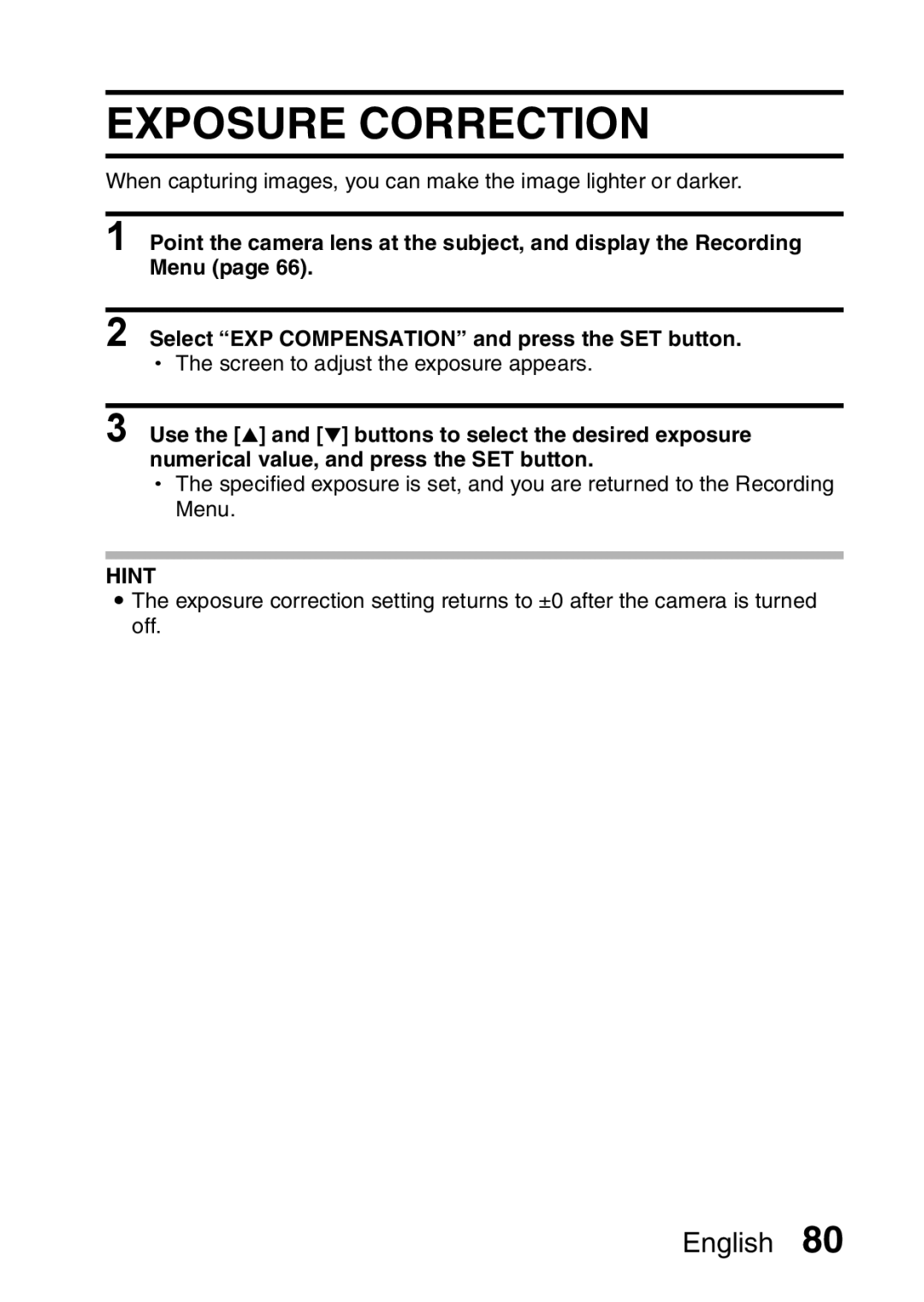 Sanyo VPC-E10EX, VPC-E10GX instruction manual Exposure Correction 