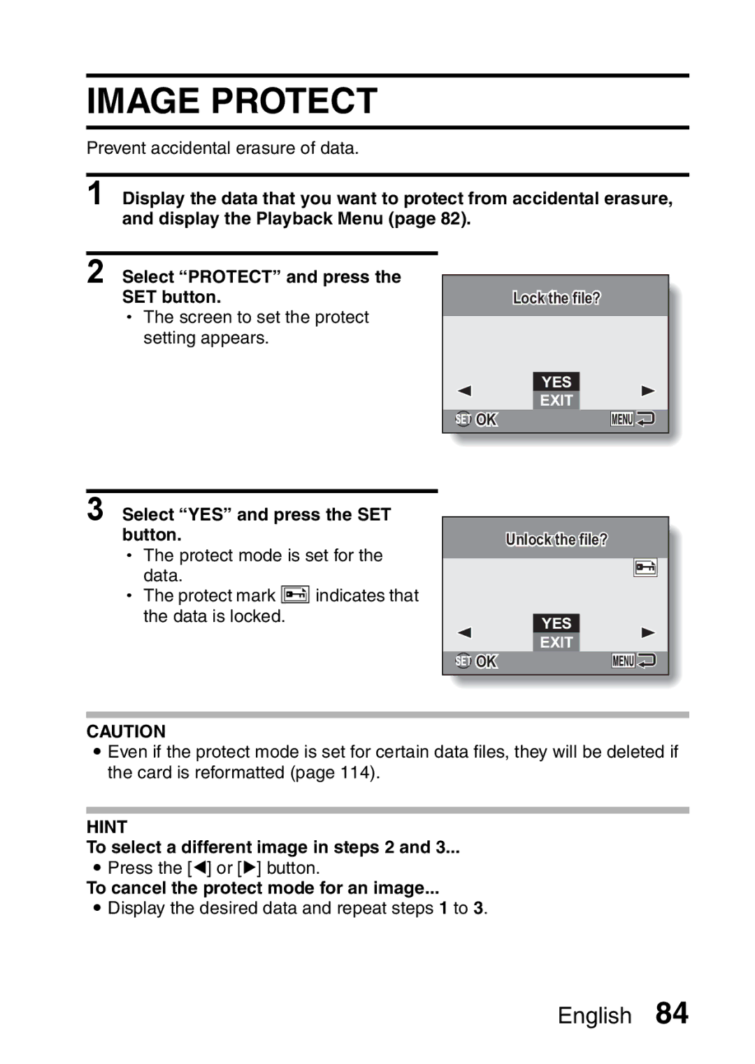 Sanyo VPC-E10GX, VPC-E10EX Image Protect, Select YES and press the SET button, To select a different image in steps 2 