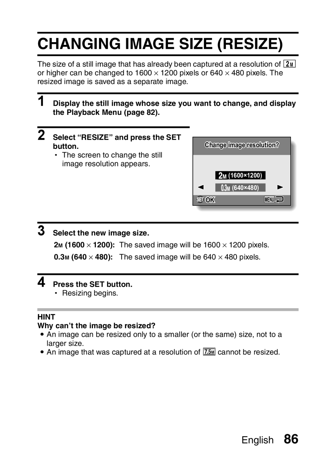 Sanyo VPC-E10 Changing Image Size Resize, Playback Menu Select Resize and press the SET Button, Select the new image size 