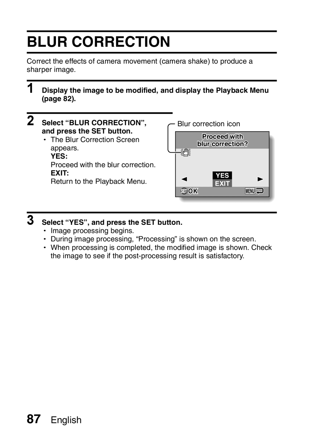 Sanyo VPC-E10GX, VPC-E10EX instruction manual Blur Correction, Yes, Exit, Select YES, and press the SET button 