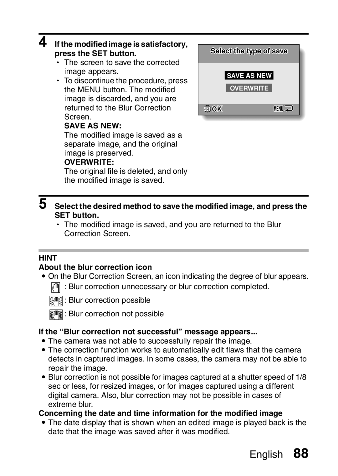 Sanyo VPC-E10EX, VPC-E10GX If the modified image is satisfactory, press the SET button, Save AS NEW, Overwrite 