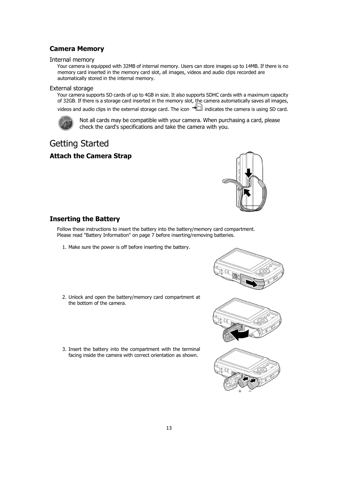 Sanyo VPC-E1414 instruction manual Getting Started, Camera Memory, Attach the Camera Strap Inserting the Battery 