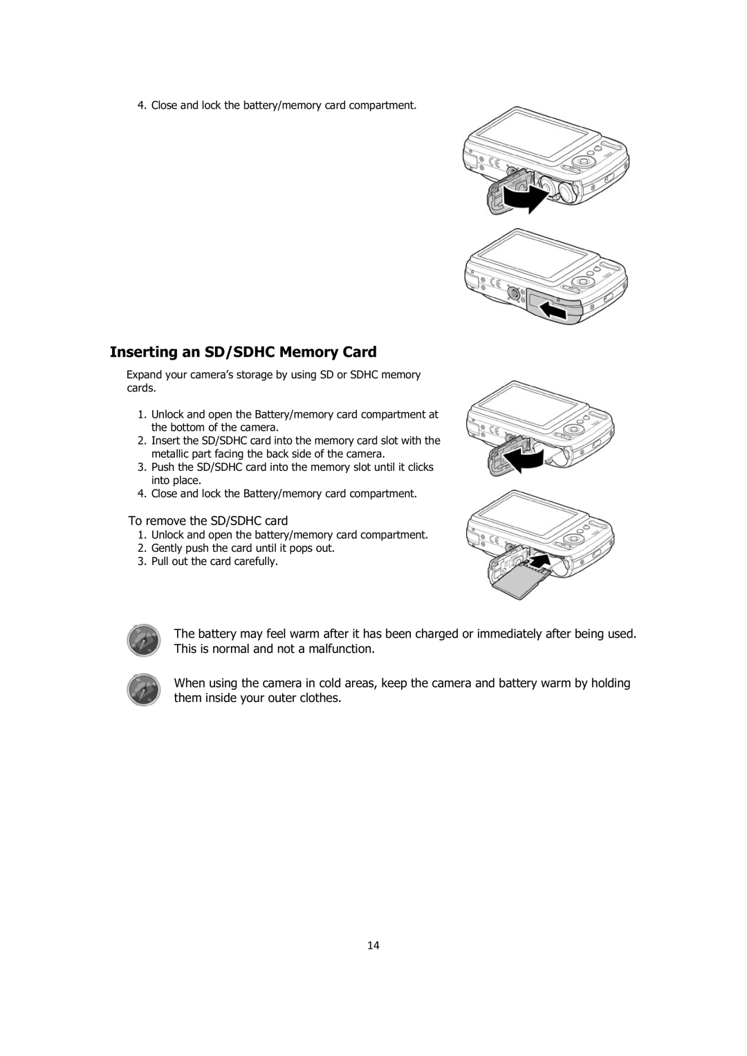 Sanyo VPC-E1414 instruction manual Inserting an SD/SDHC Memory Card, To remove the SD/SDHC card 