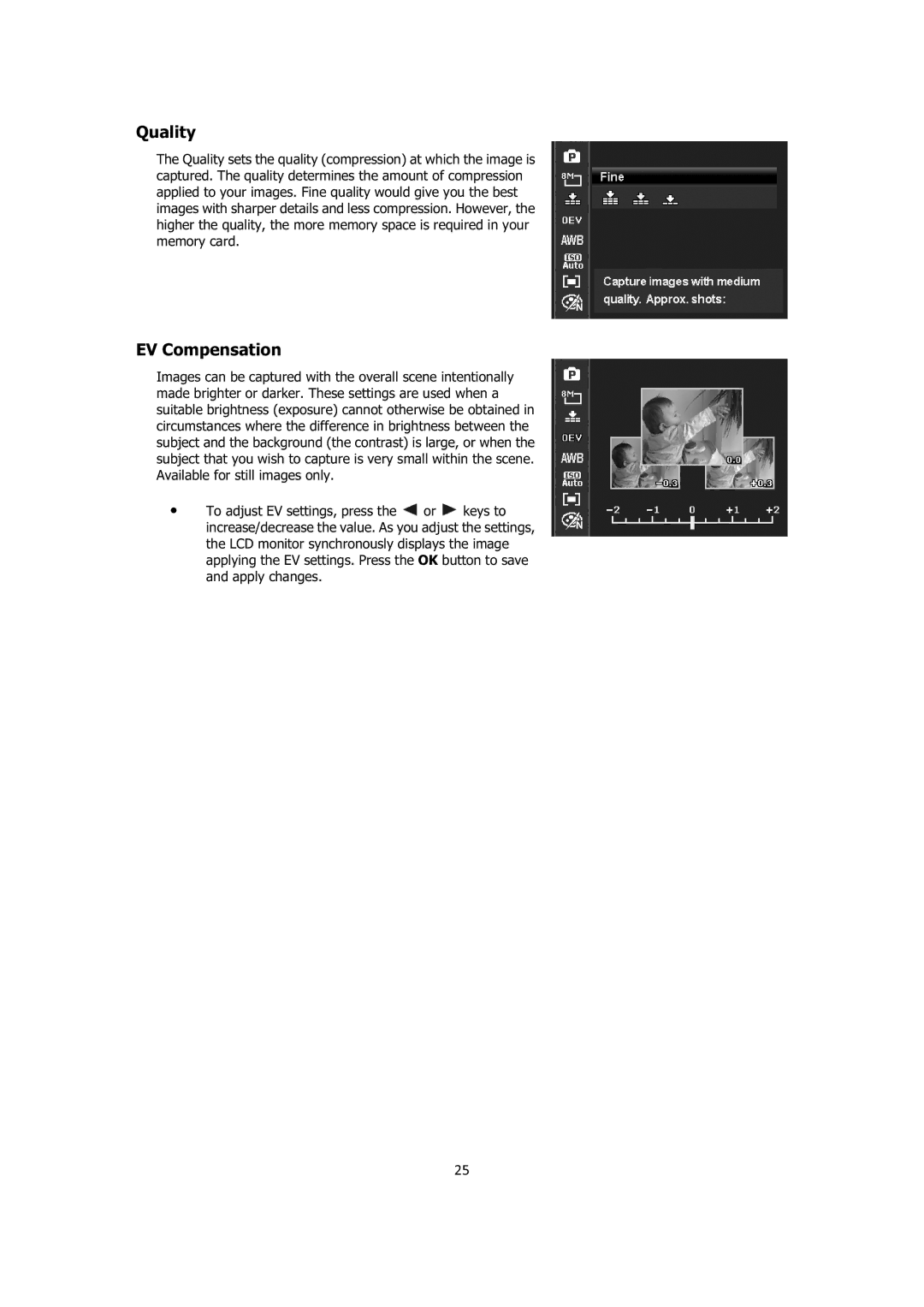 Sanyo VPC-E1414 instruction manual Quality, EV Compensation 