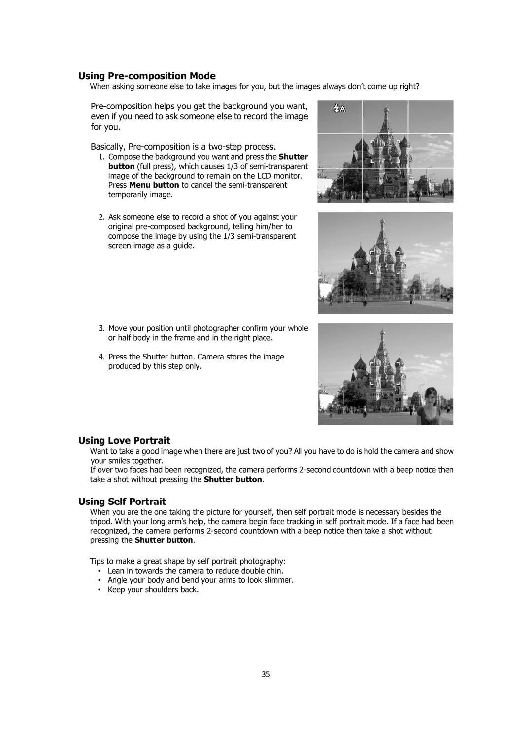 Sanyo VPC-E1414 instruction manual Using Pre-composition Mode, Using Love Portrait, Using Self Portrait 