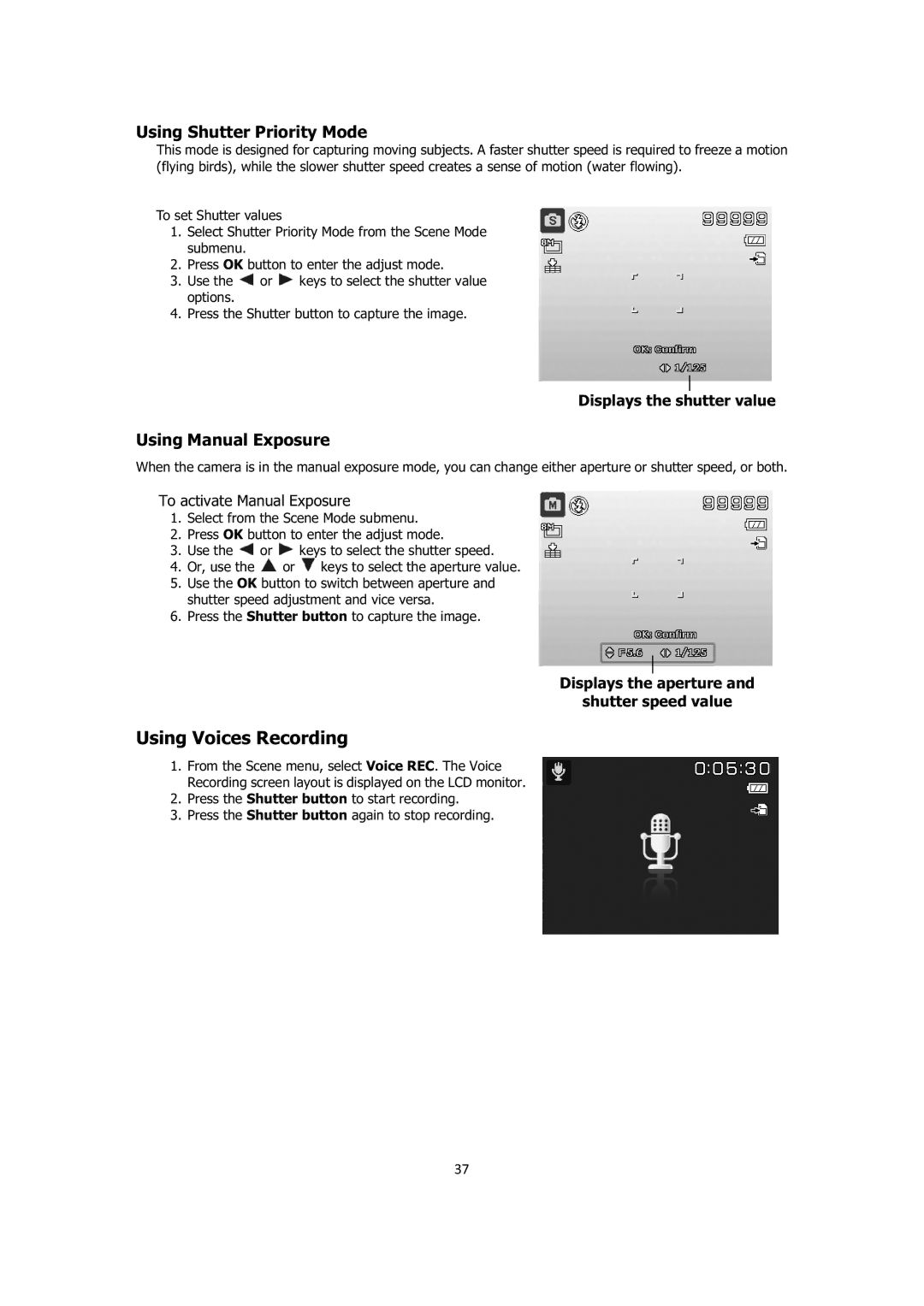 Sanyo VPC-E1414 Using Voices Recording, Using Shutter Priority Mode, Using Manual Exposure, Displays the shutter value 