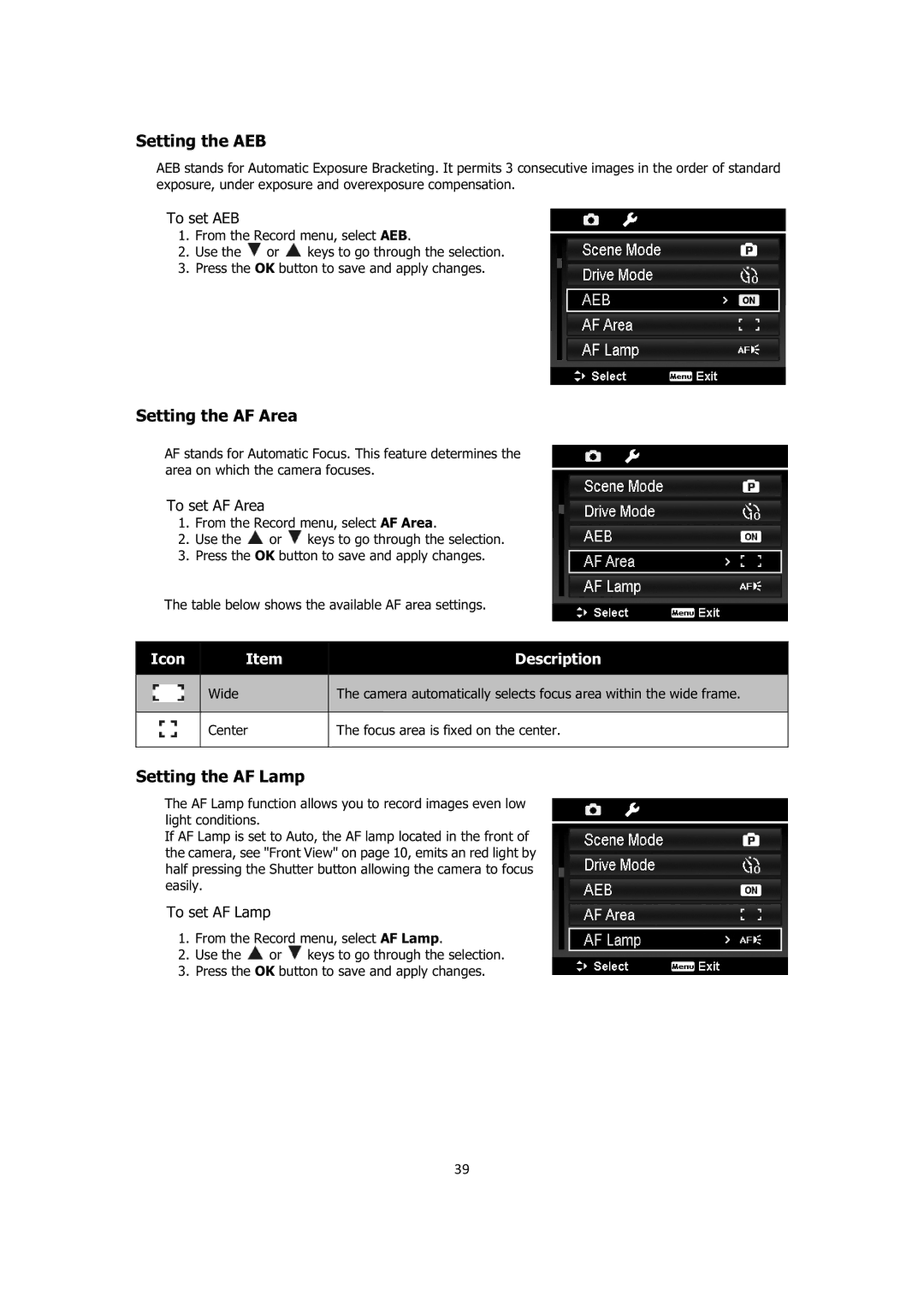 Sanyo VPC-E1414 instruction manual Setting the AEB, Setting the AF Area, Setting the AF Lamp 