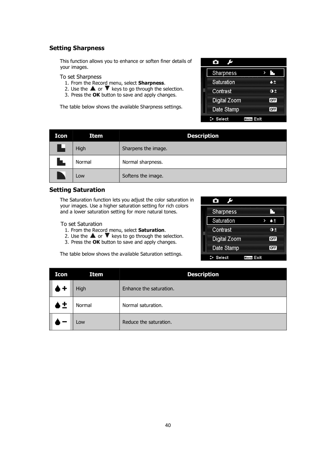 Sanyo VPC-E1414 instruction manual Setting Sharpness, Setting Saturation, To set Sharpness, To set Saturation 