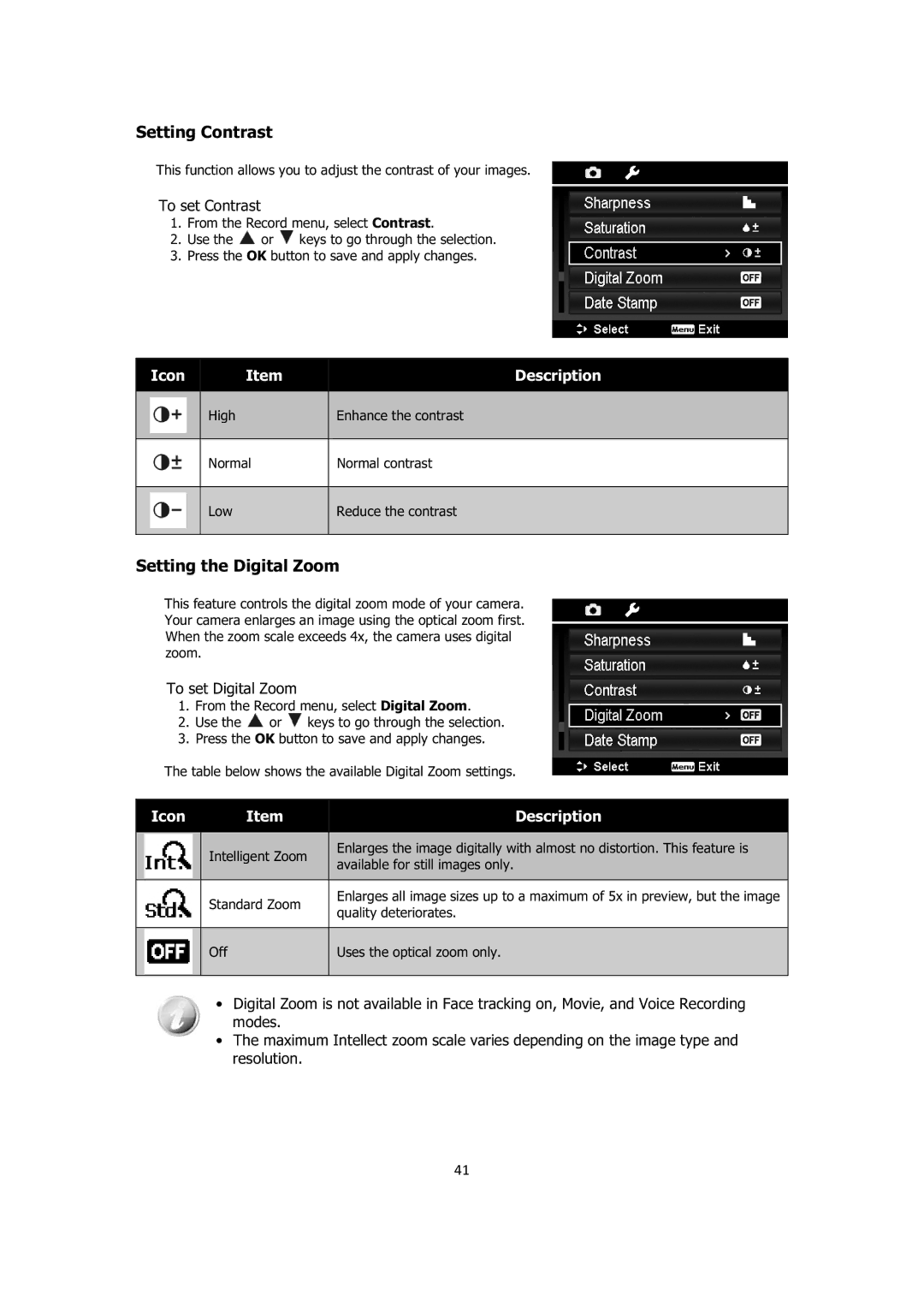 Sanyo VPC-E1414 instruction manual Setting Contrast, Setting the Digital Zoom, To set Contrast, To set Digital Zoom 