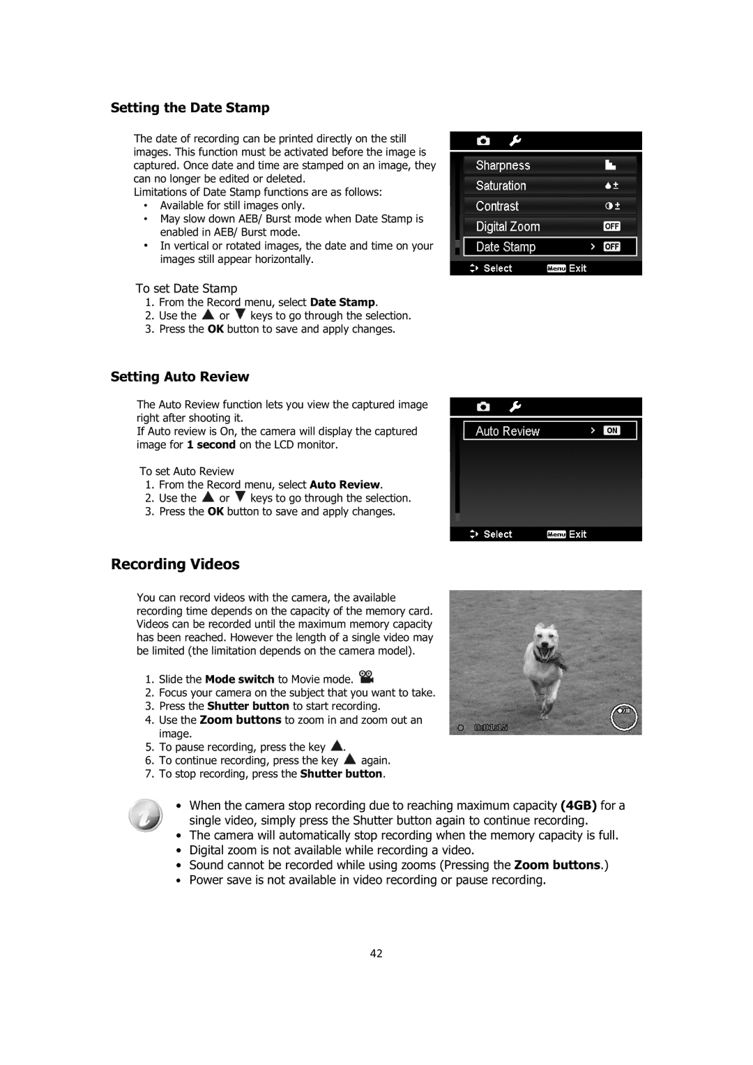 Sanyo VPC-E1414 instruction manual Recording Videos, Setting the Date Stamp, Setting Auto Review, To set Date Stamp 