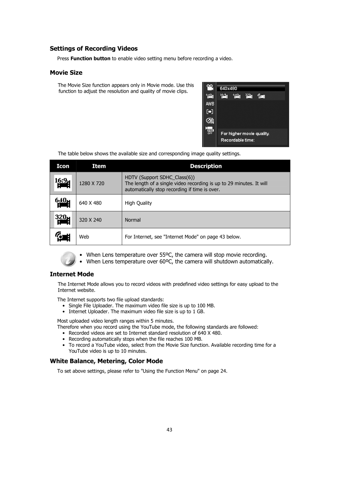 Sanyo VPC-E1414 Settings of Recording Videos, Movie Size, Internet Mode, White Balance, Metering, Color Mode 