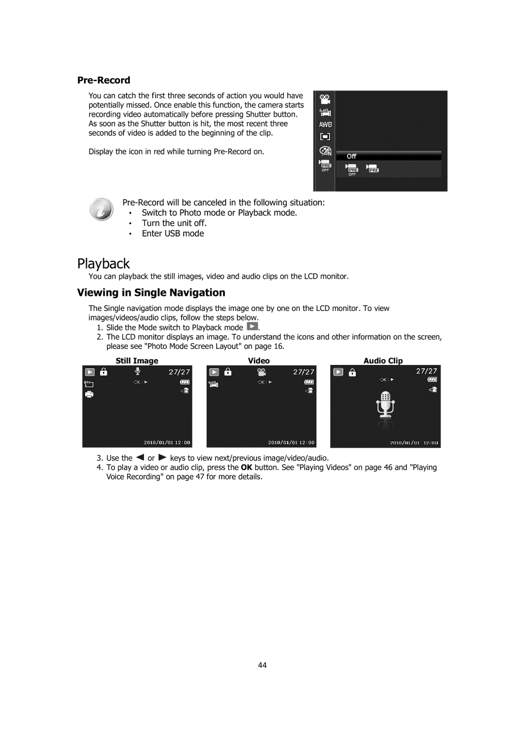 Sanyo VPC-E1414 Playback, Viewing in Single Navigation, Display the icon in red while turning Pre-Record on 