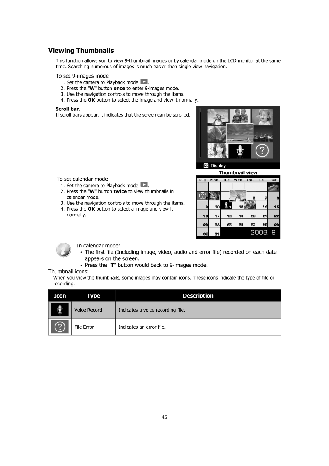 Sanyo VPC-E1414 Viewing Thumbnails, To set 9-images mode, To set calendar mode, Scroll bar, Thumbnail view 