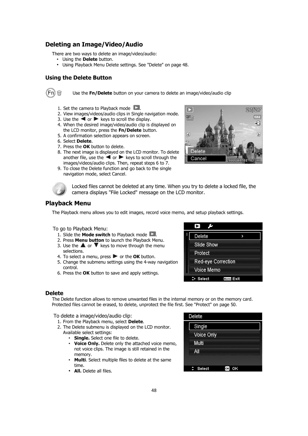 Sanyo VPC-E1414 instruction manual Deleting an Image/Video/Audio, Playback Menu, Using the Delete Button 