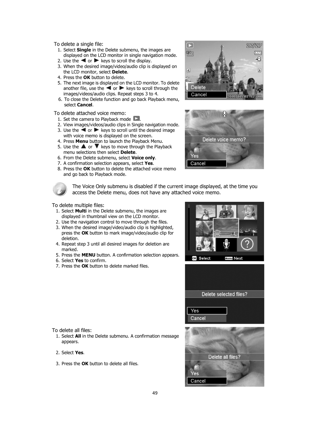 Sanyo VPC-E1414 instruction manual To delete a single file, To delete attached voice memo, To delete all files 