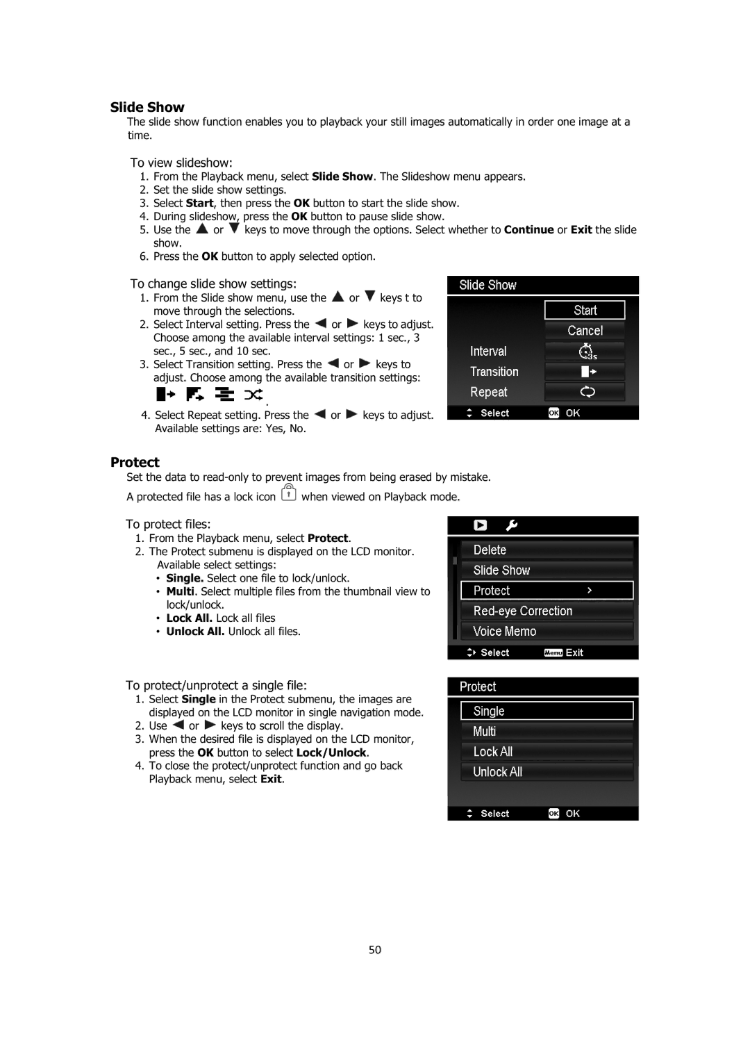 Sanyo VPC-E1414 instruction manual Slide Show, Protect 