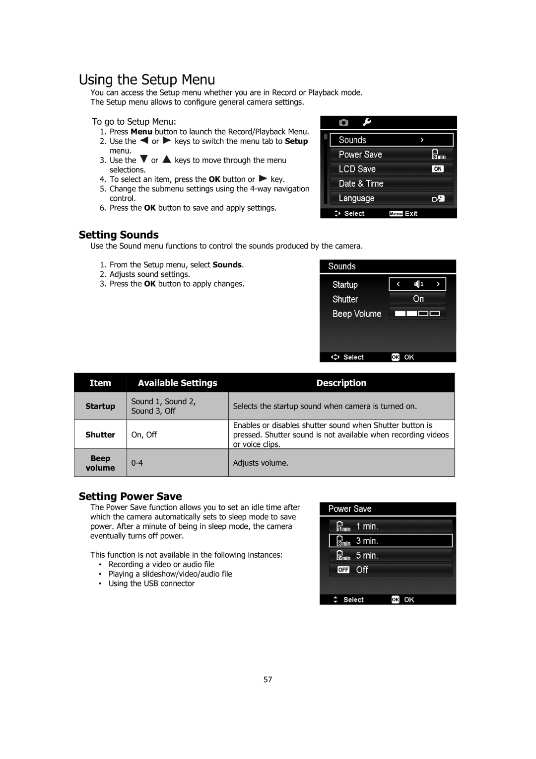 Sanyo VPC-E1414 instruction manual Using the Setup Menu, Setting Sounds, Setting Power Save, To go to Setup Menu 