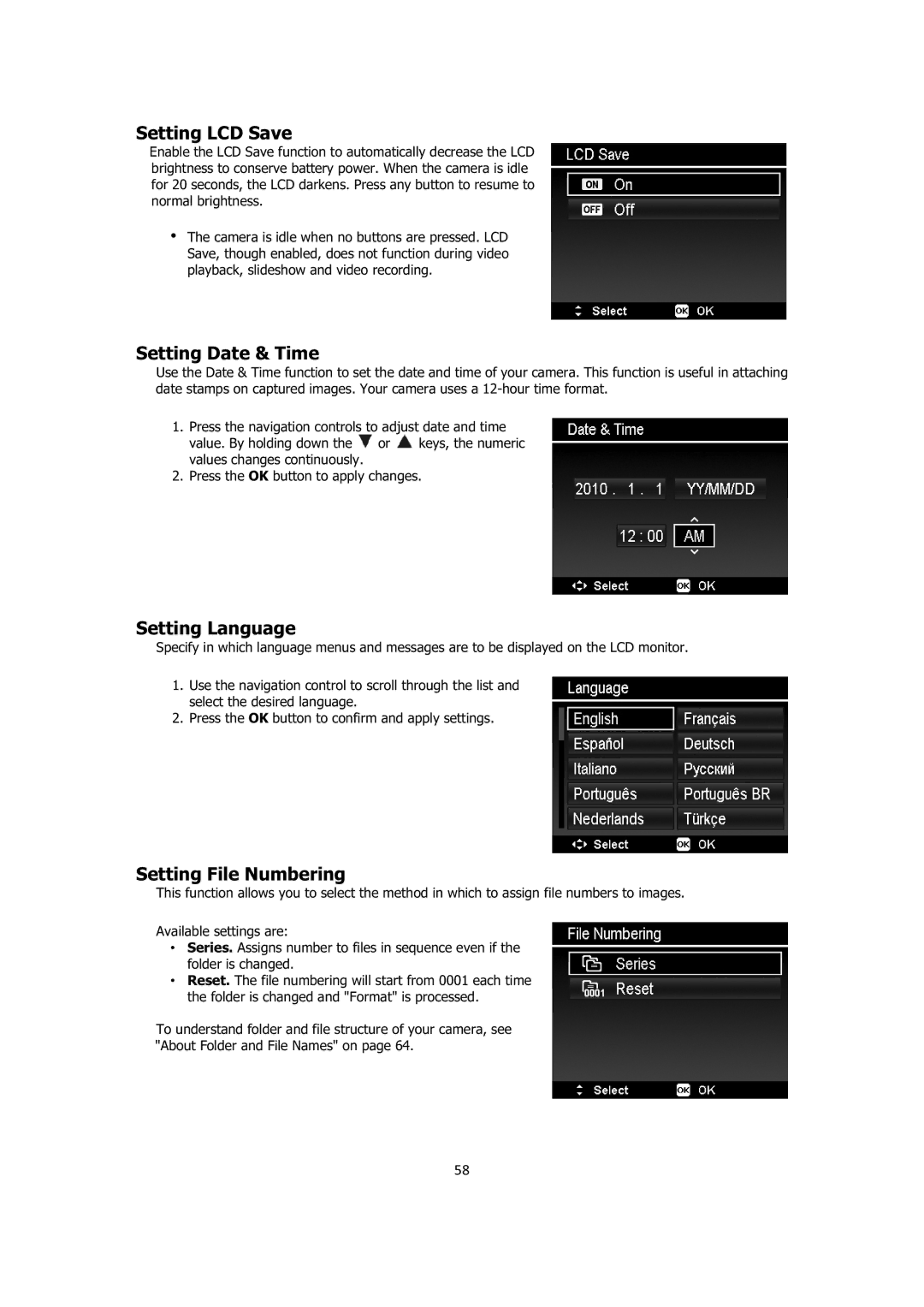 Sanyo VPC-E1414 instruction manual Setting LCD Save, Setting Date & Time, Setting Language, Setting File Numbering 