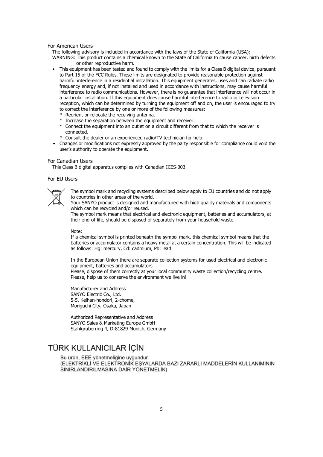 Sanyo VPC-E1414 instruction manual For American Users, For Canadian Users, For EU Users, Or other reproductive harm 