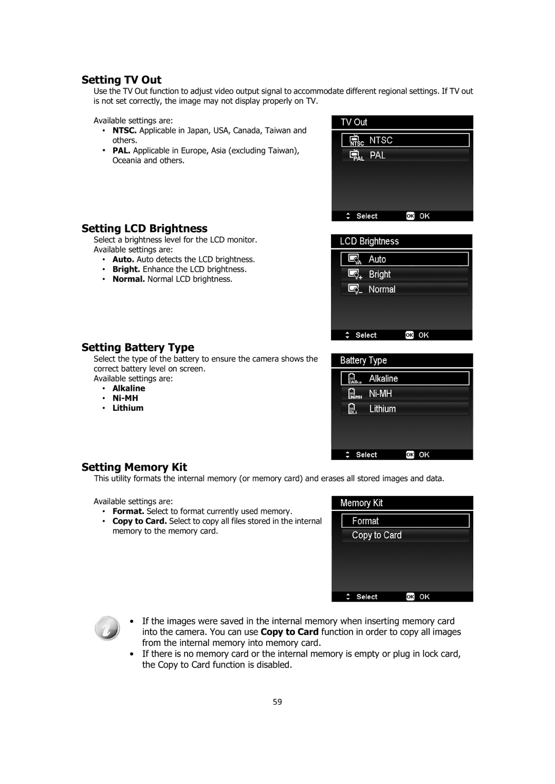 Sanyo VPC-E1414 Setting TV Out, Setting LCD Brightness, Setting Battery Type, Setting Memory Kit, Alkaline Ni-MH Lithium 