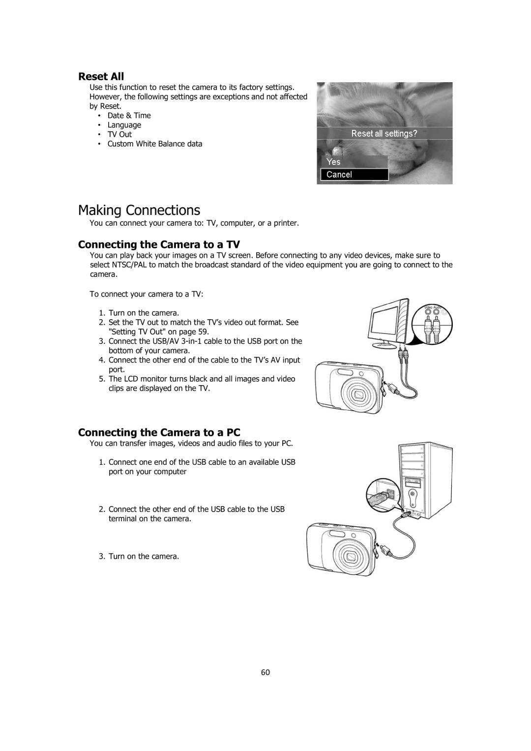 Sanyo VPC-E1414 Making Connections, Reset All, Connecting the Camera to a TV, Connecting the Camera to a PC 