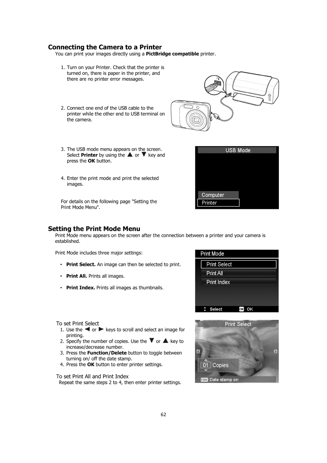 Sanyo VPC-E1414 instruction manual Connecting the Camera to a Printer, Setting the Print Mode Menu, To set Print Select 