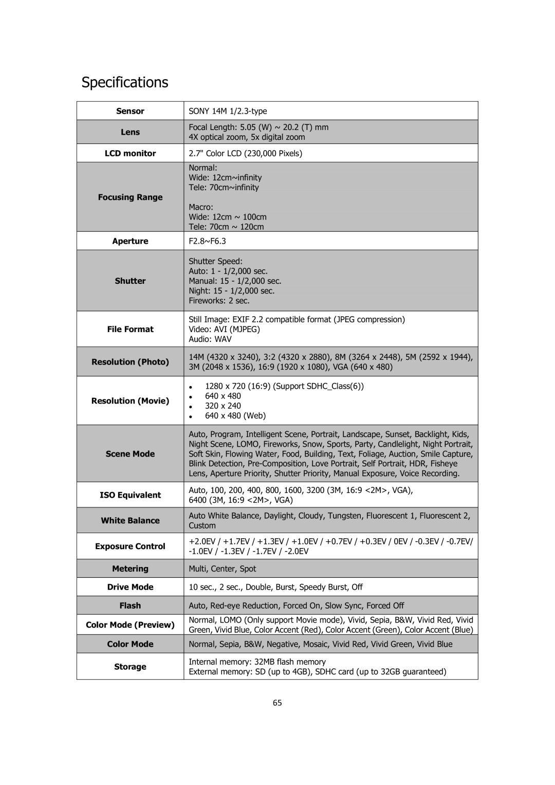 Sanyo VPC-E1414 instruction manual Specifications 