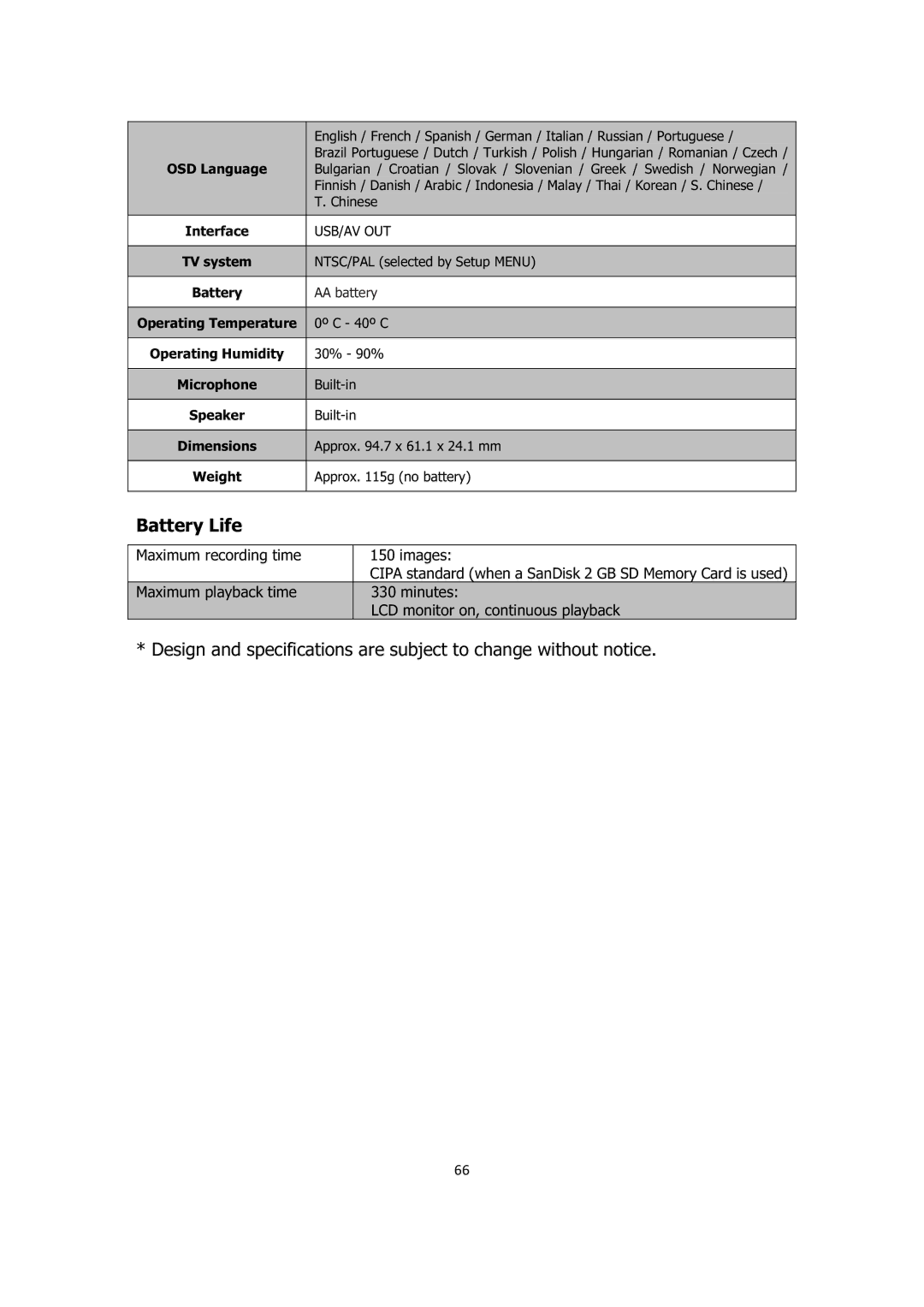 Sanyo VPC-E1414 instruction manual Battery Life, TV system, Microphone, Dimensions 