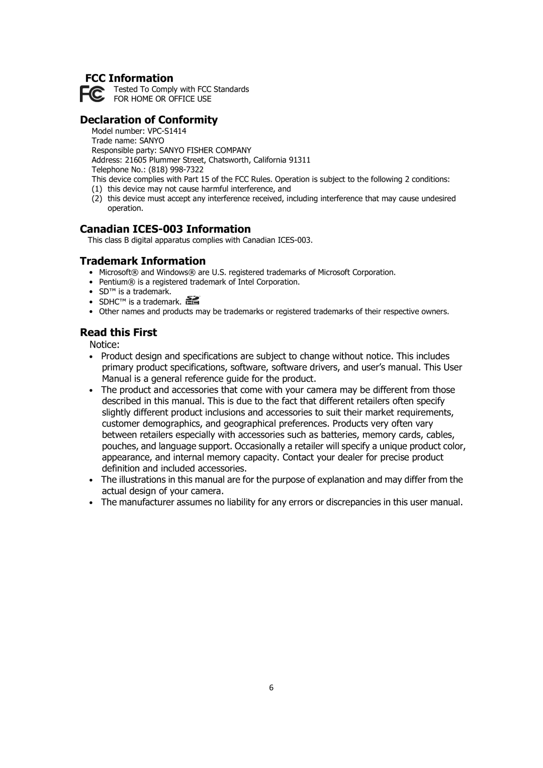 Sanyo VPC-E1414 FCC Information, Declaration of Conformity, Canadian ICES-003 Information, Trademark Information 