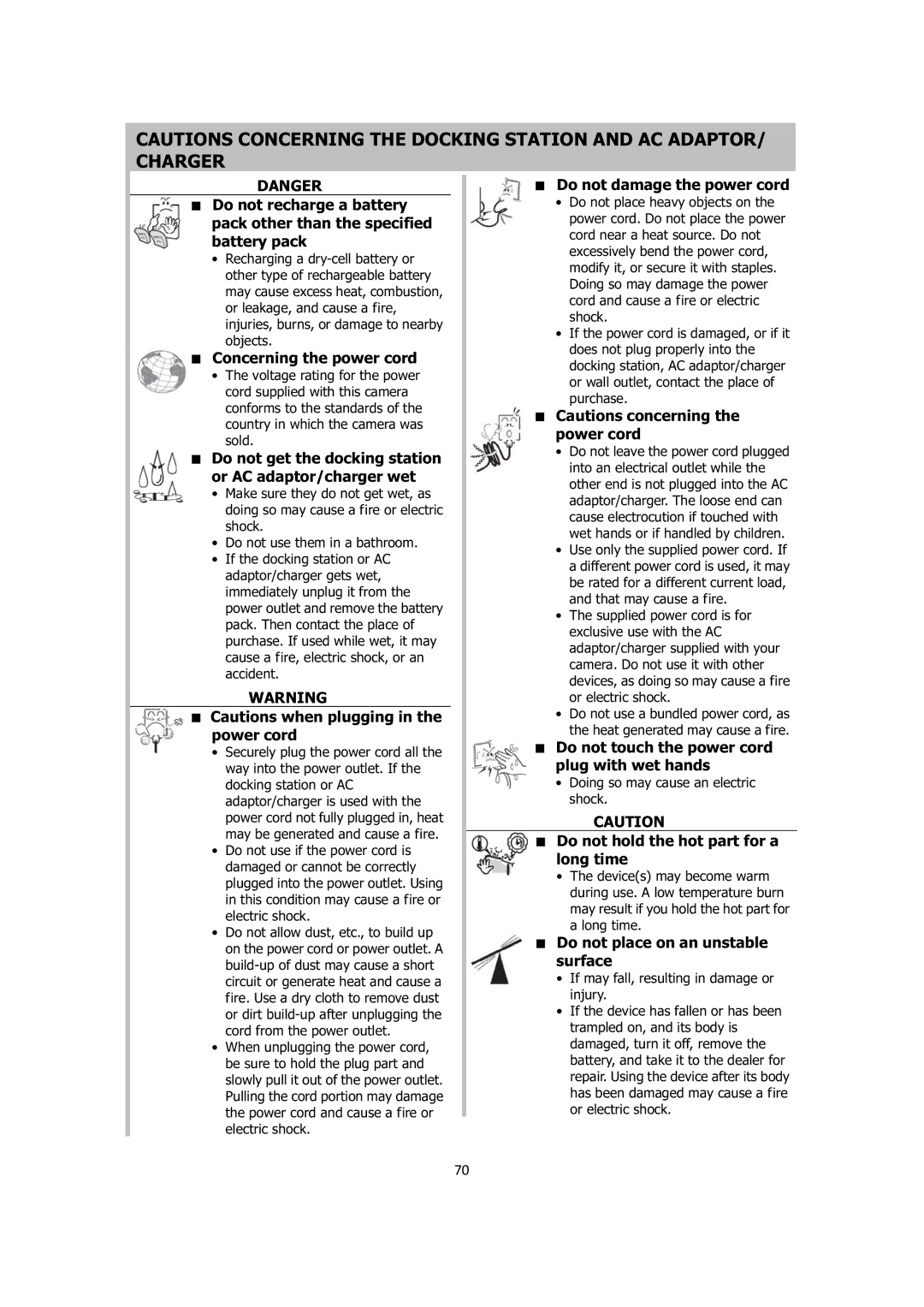 Sanyo VPC-E1414 instruction manual Concerning the power cord, Do not get the docking station or AC adaptor/charger wet 