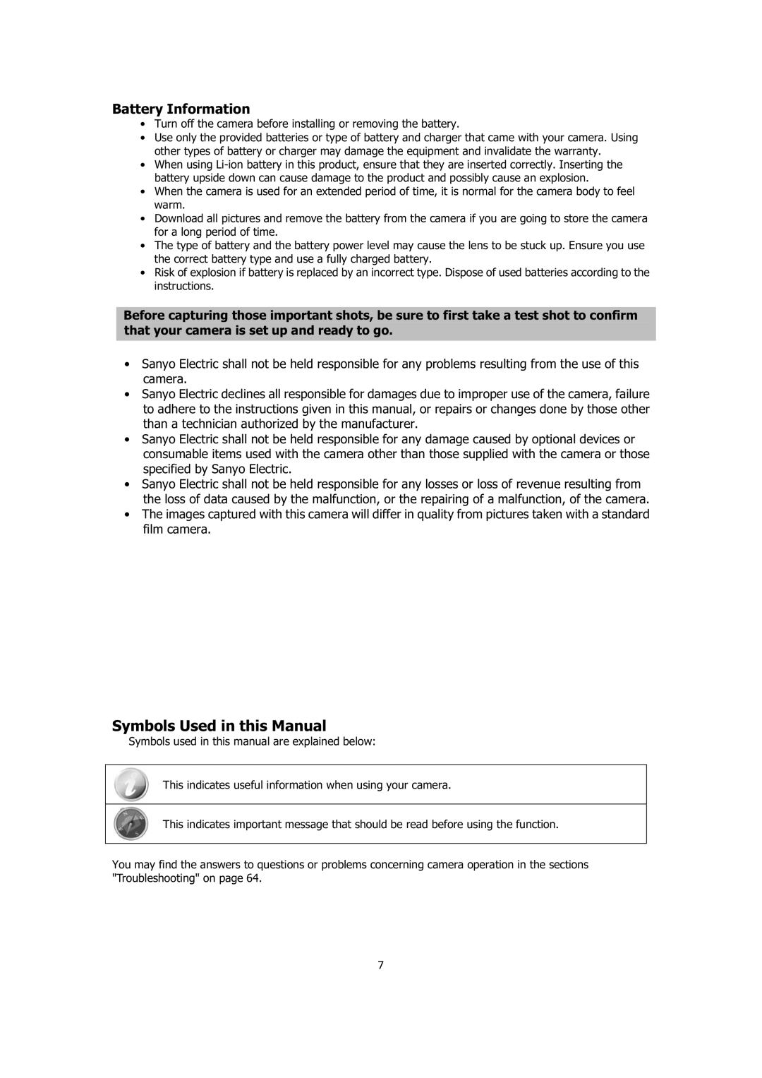 Sanyo VPC-E1414 instruction manual Symbols Used in this Manual, Battery Information 