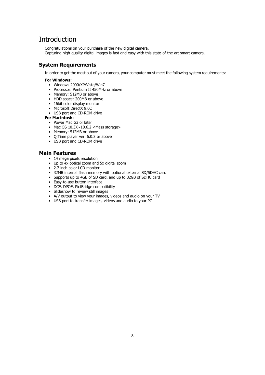 Sanyo VPC-E1414 instruction manual Introduction, System Requirements, Main Features, For Windows, For Macintosh 