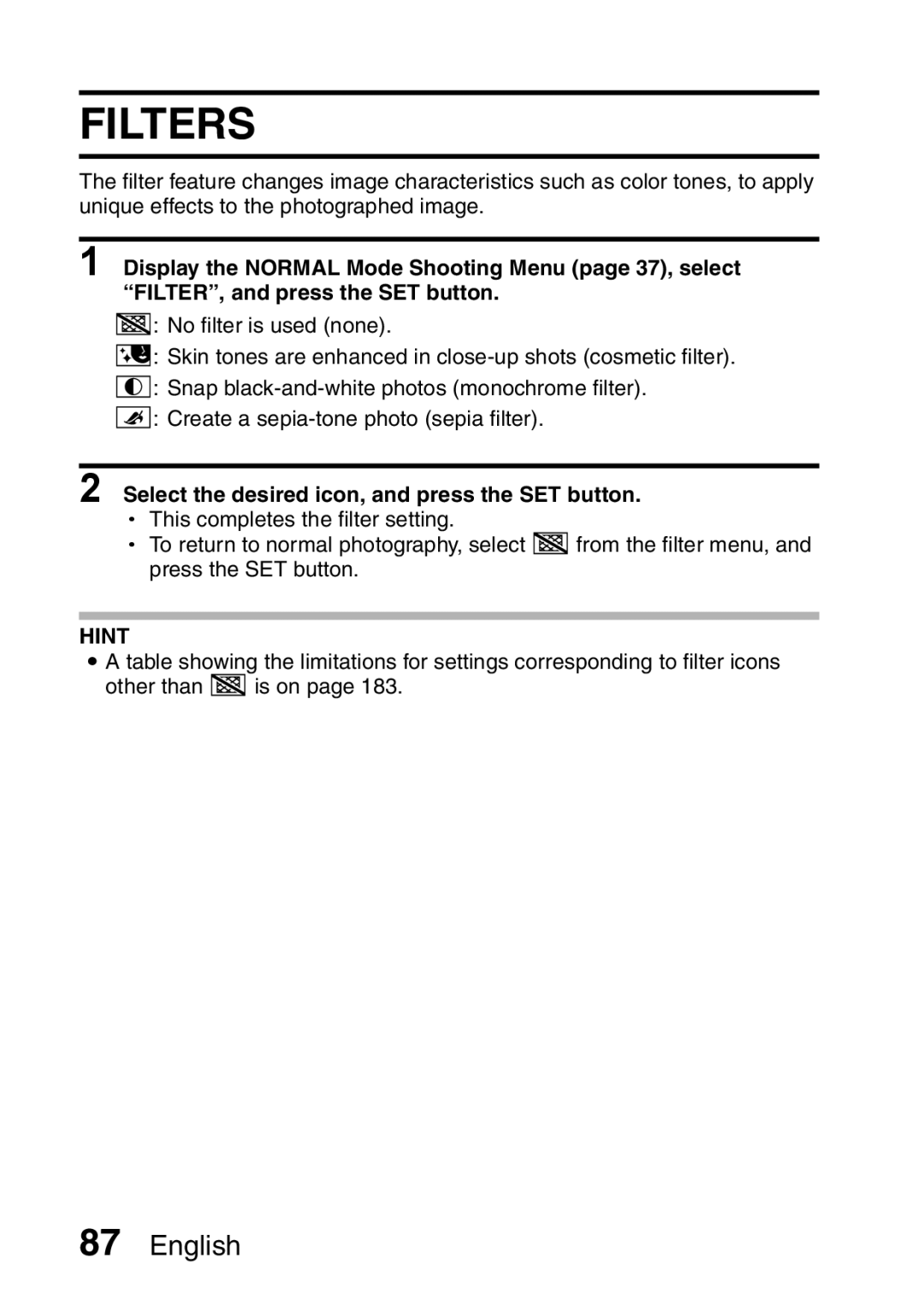 Sanyo VPC-E2 instruction manual Filters 