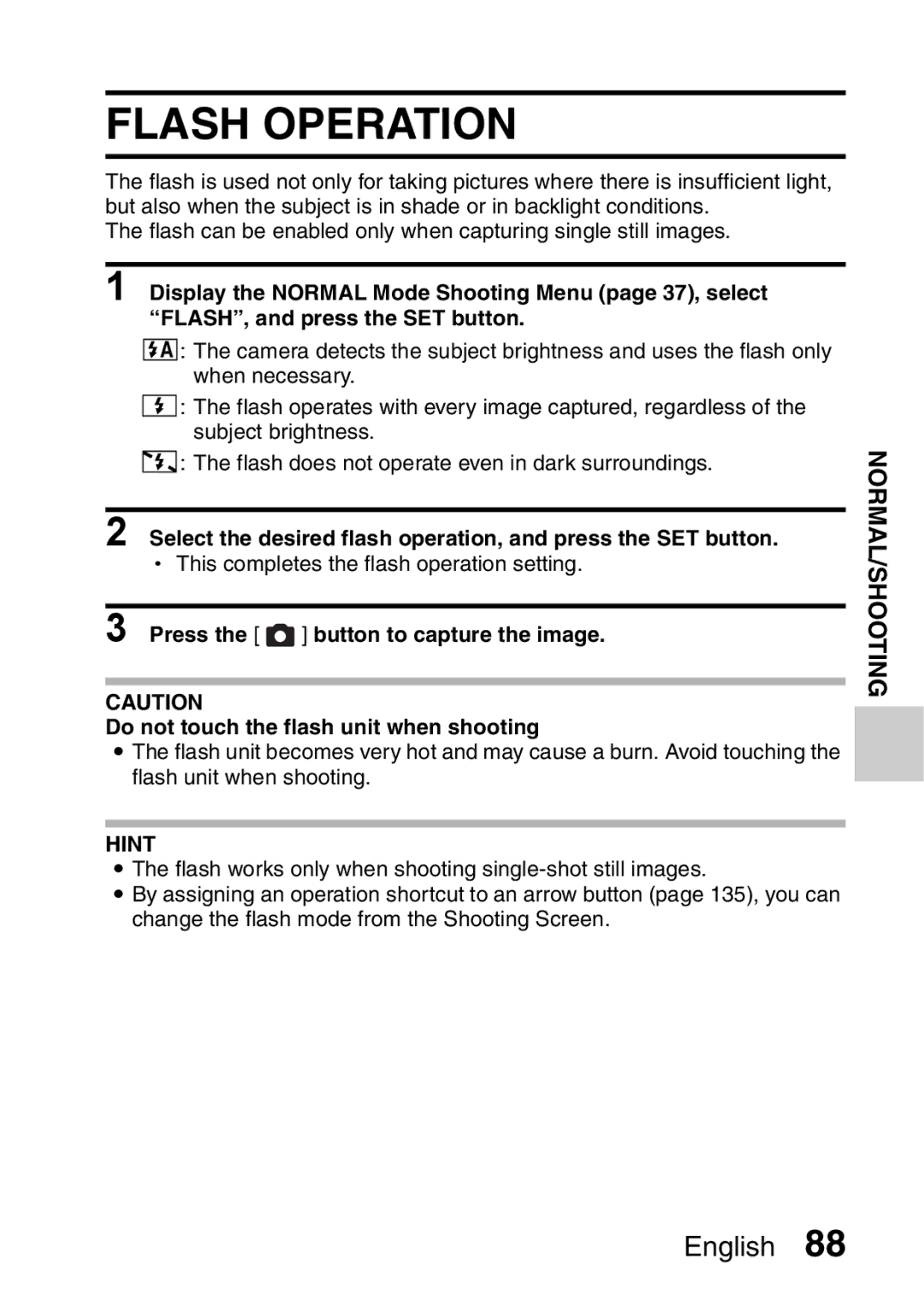 Sanyo VPC-E2 instruction manual Flash Operation, Select the desired flash operation, and press the SET button 