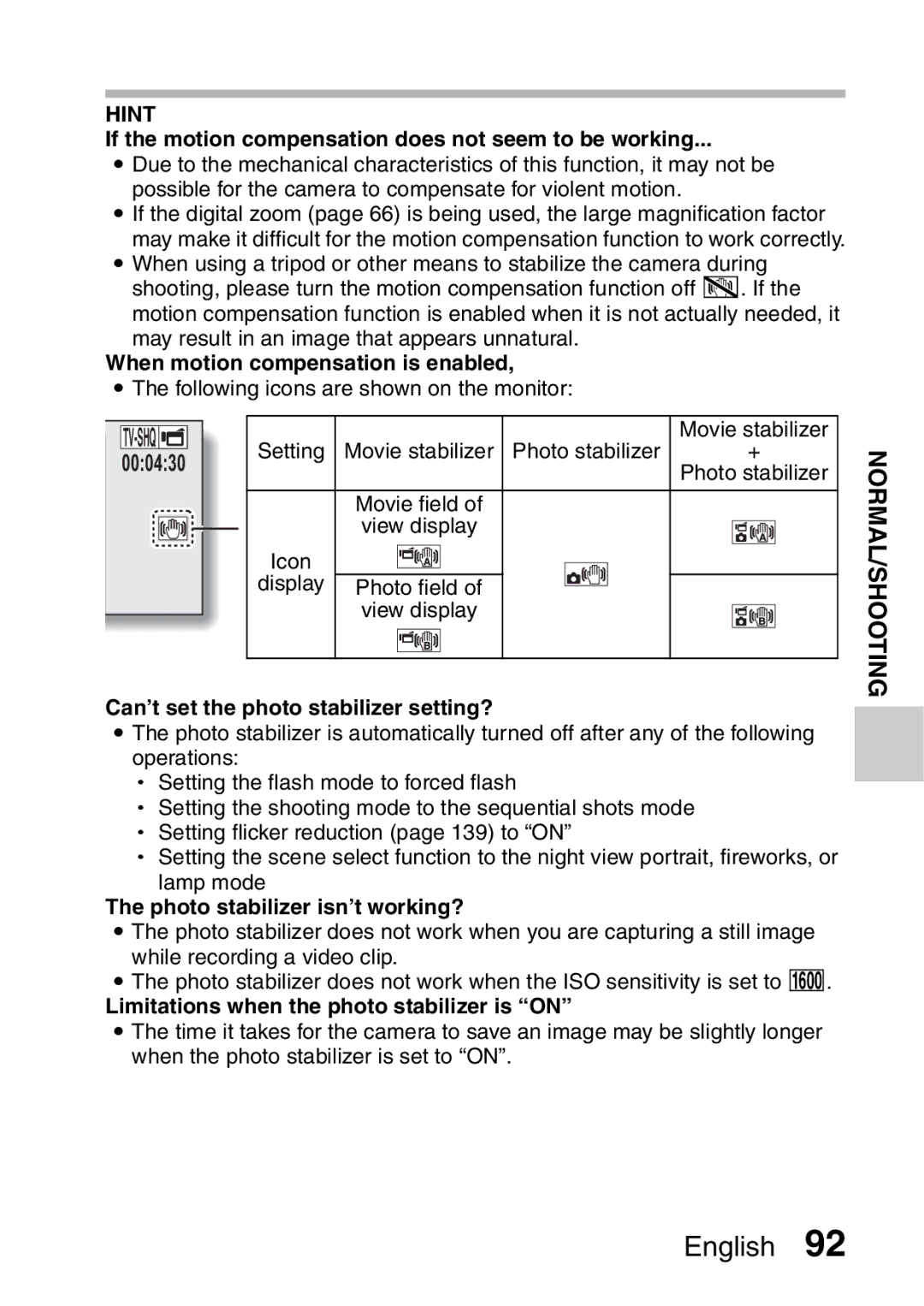 Sanyo VPC-E2 instruction manual If the motion compensation does not seem to be working, When motion compensation is enabled 