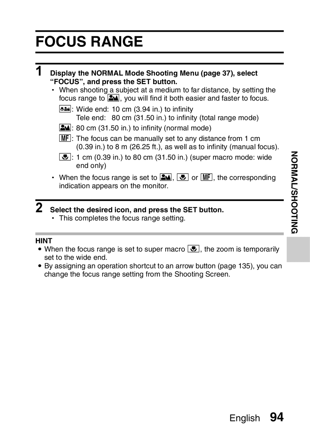 Sanyo VPC-E2 instruction manual Focus Range, Select the desired icon, and press the SET button 