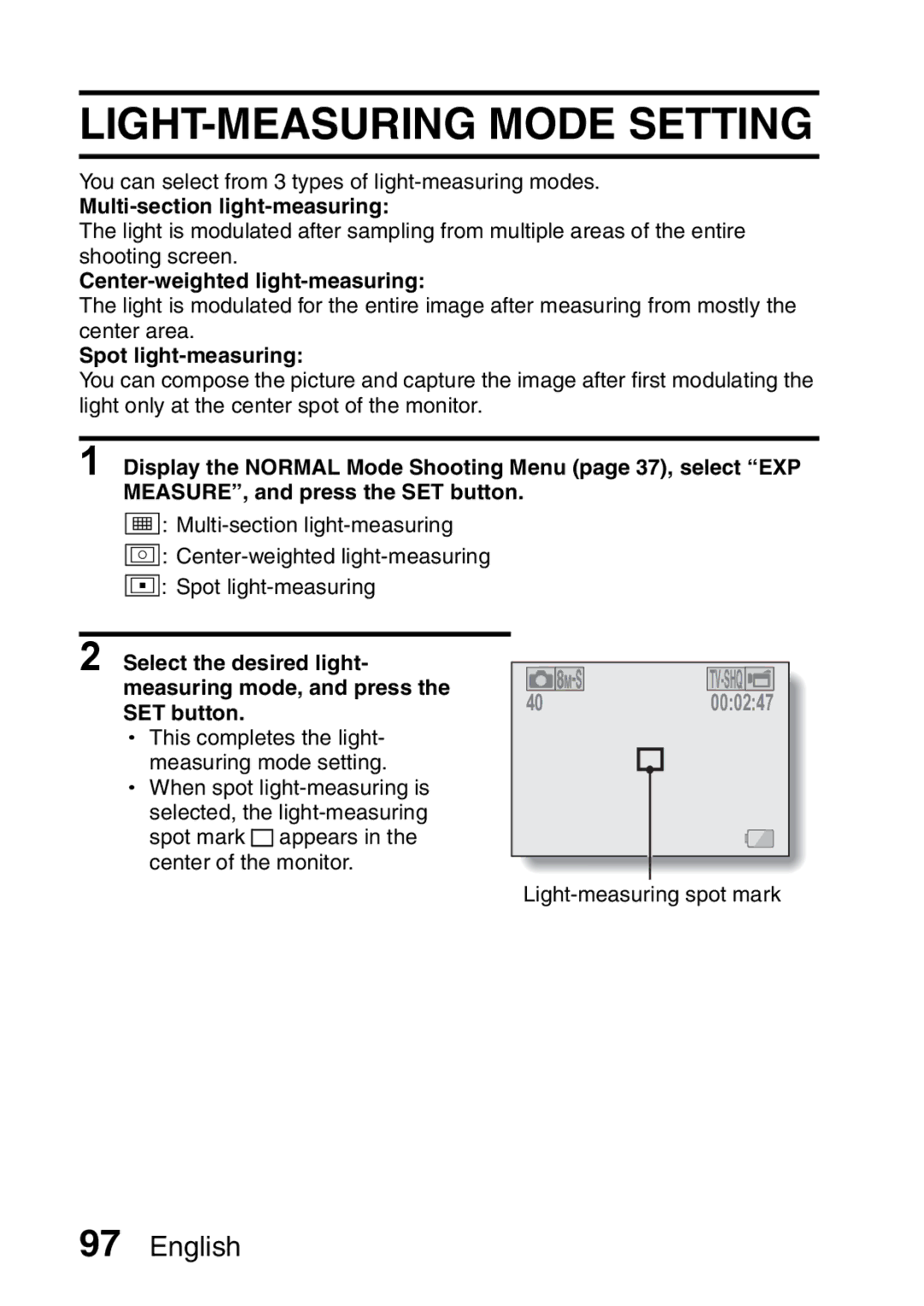 Sanyo VPC-E2 LIGHT-MEASURING Mode Setting, Multi-section light-measuring, Center-weighted light-measuring 