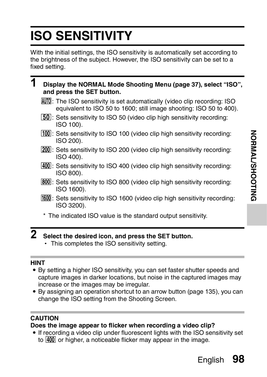 Sanyo VPC-E2 instruction manual ISO Sensitivity 