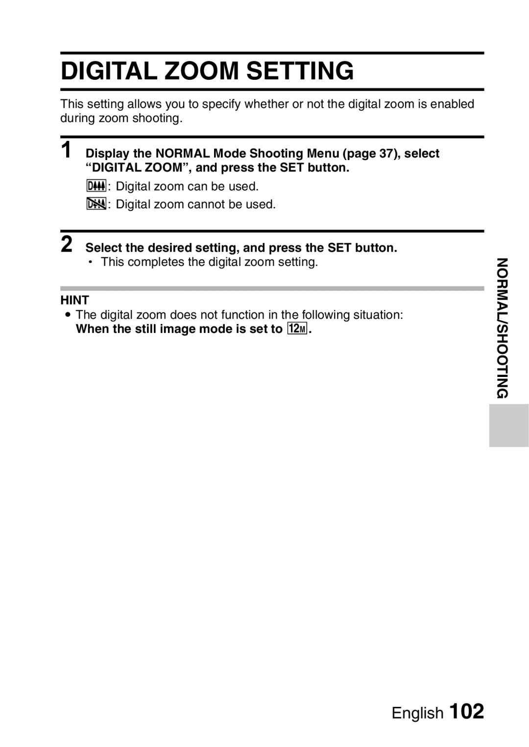 Sanyo VPC-E2 instruction manual Digital Zoom Setting 