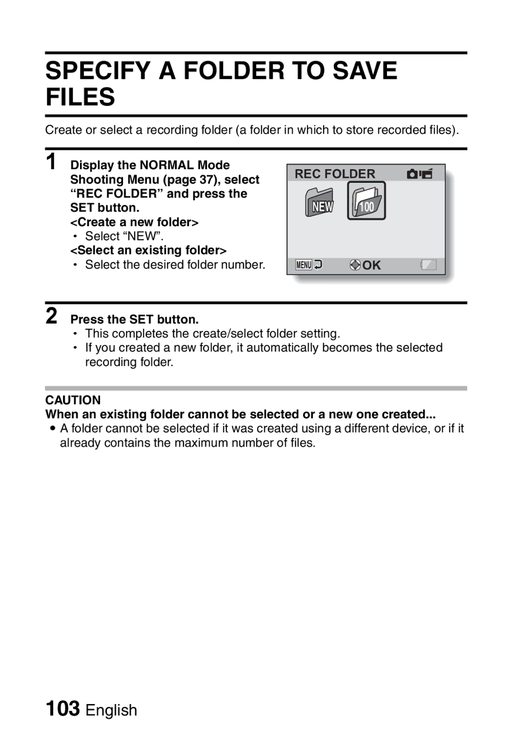 Sanyo VPC-E2 instruction manual Specify a Folder to Save Files, Select an existing folder 