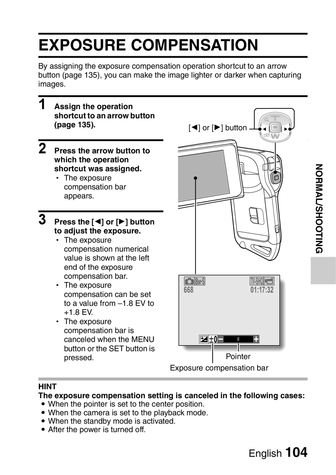 Sanyo VPC-E2 instruction manual Exposure Compensation, Press the G or H button to adjust the exposure 