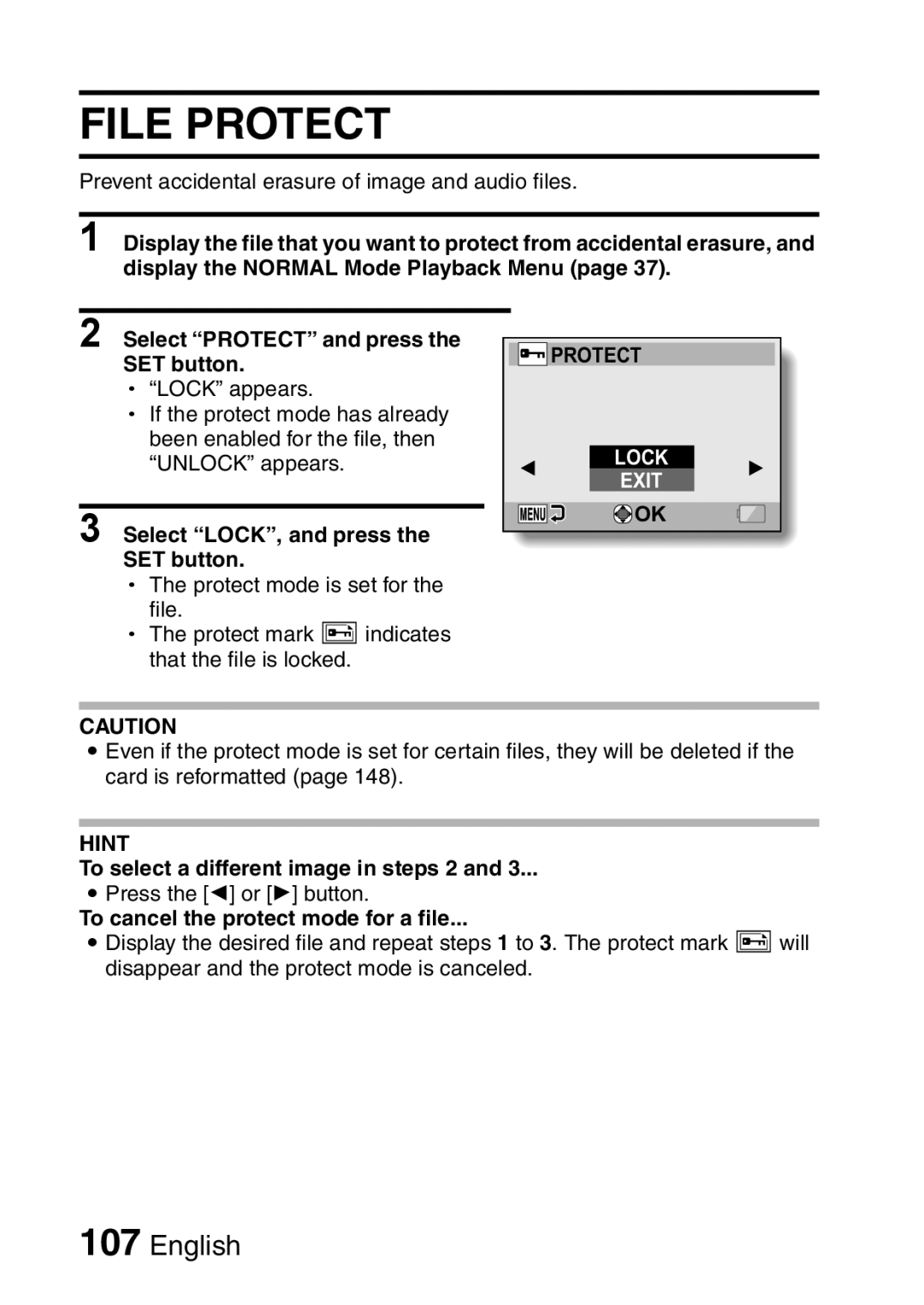 Sanyo VPC-E2 instruction manual File Protect, Select LOCK, and press the SET button, To select a different image in steps 2 