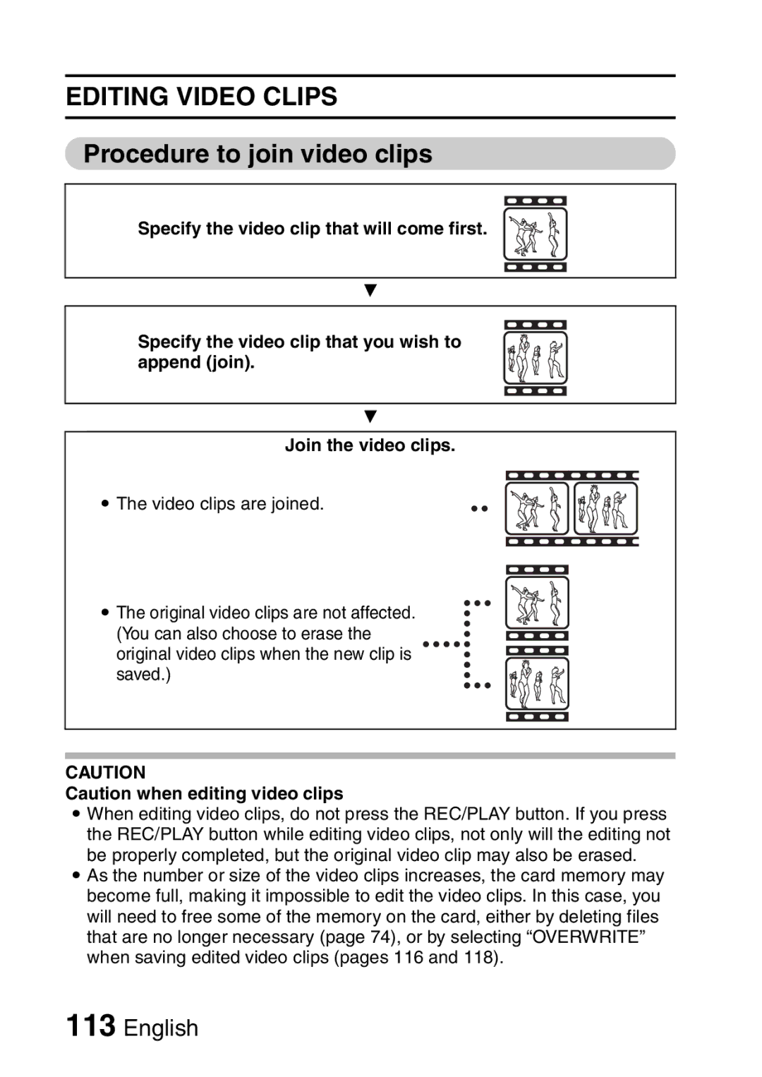 Sanyo VPC-E2 instruction manual Editing Video Clips, Procedure to join video clips 