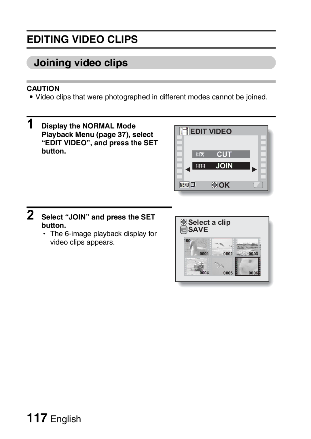 Sanyo VPC-E2 instruction manual Joining video clips, Select Join and press the SET button 