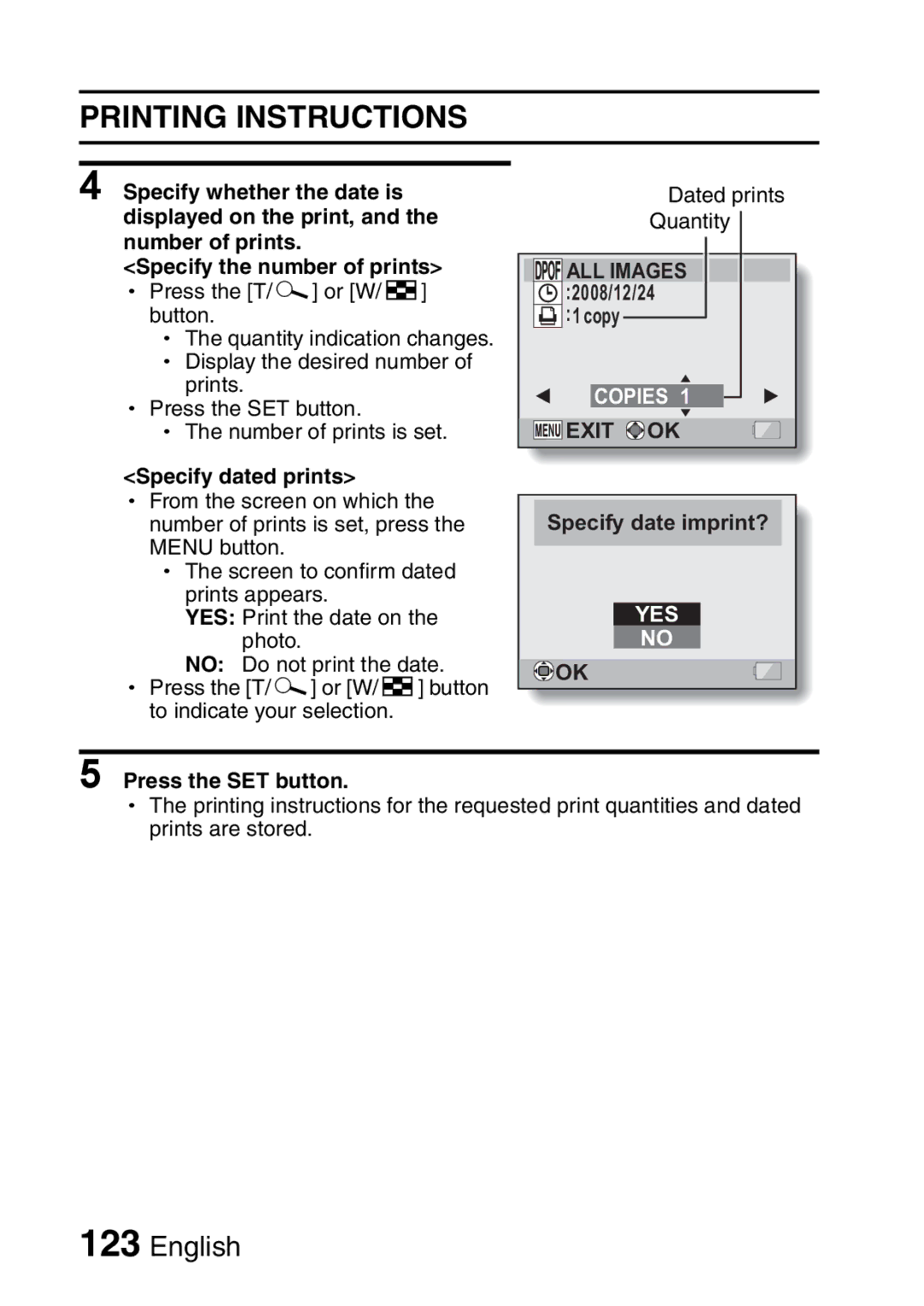 Sanyo VPC-E2 Specify whether the date is, Displayed on the print, Number of prints Specify the number of prints 