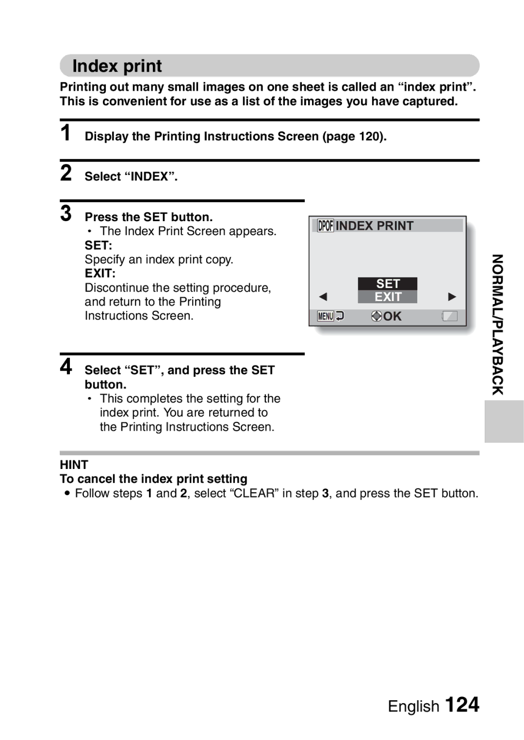 Sanyo VPC-E2 instruction manual Index print, Select SET, and press the SET button, To cancel the index print setting 