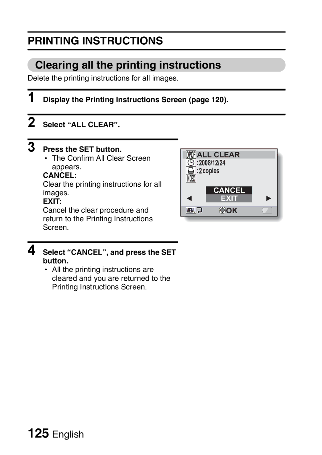 Sanyo VPC-E2 instruction manual Clearing all the printing instructions, Select CANCEL, and press the SET button 