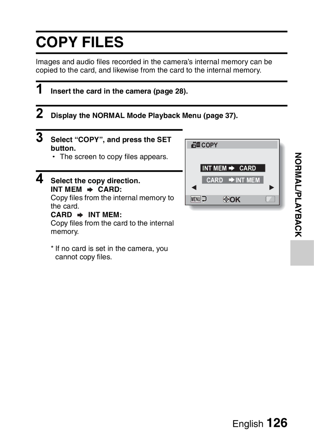 Sanyo VPC-E2 instruction manual Copy Files, Select the copy direction, Copy files from the internal memory to Card 